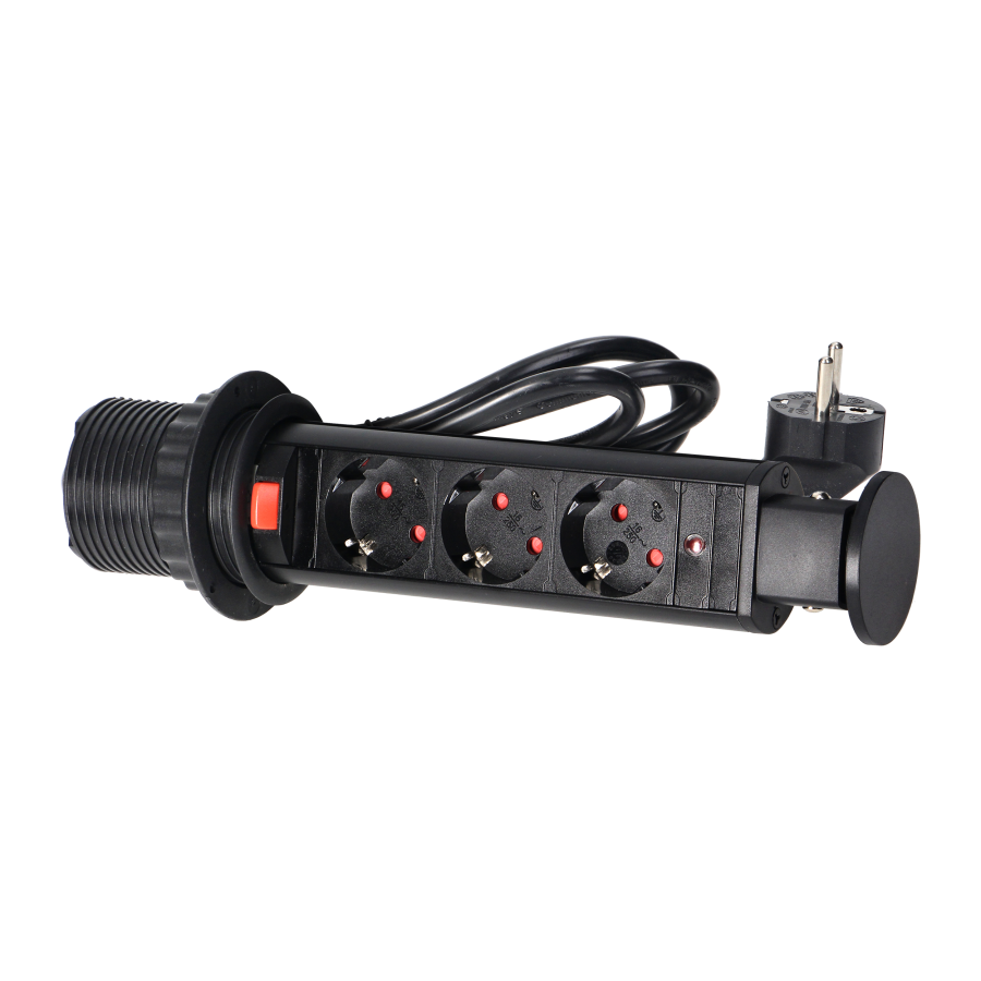 Pop up Ø6cm desk socket with 1.8m cable and locking system, 3x2P+E (Schuko), black