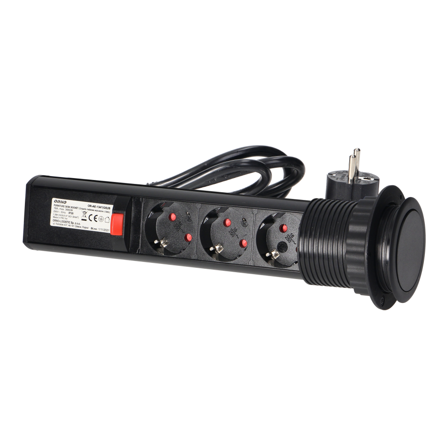 Pop up Ø6cm desk socket with 1.8m cable and locking system, 3x2P+E (Schuko), black