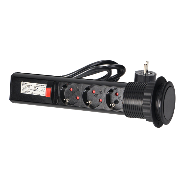 Gniazdo meblowe Ø6cm wysuwane z blatu z blokadą i przewodem 1,8m, 3x2P+Z (Schuko), czarne