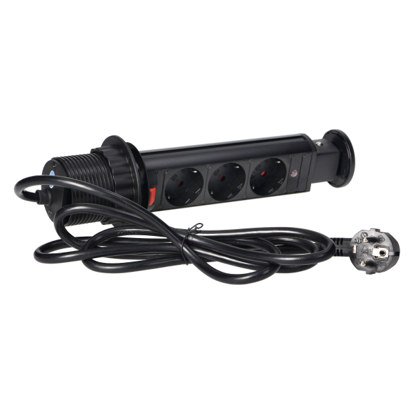 Pop up Ø6cm desk socket with 1.8m cable and locking system, 3x2P+E (Schuko), black