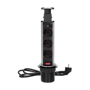 Pop up desk socket Ø6cm with blocking system and 1.8m cable, 3x2P+E Schuko, INOX