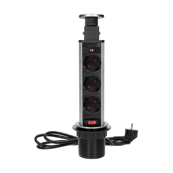 Gniazdo meblowe Ø6cm wysuwane z blatu z blokadą i przewodem 1,8m, 3x2P+Z (Schuko), INOX