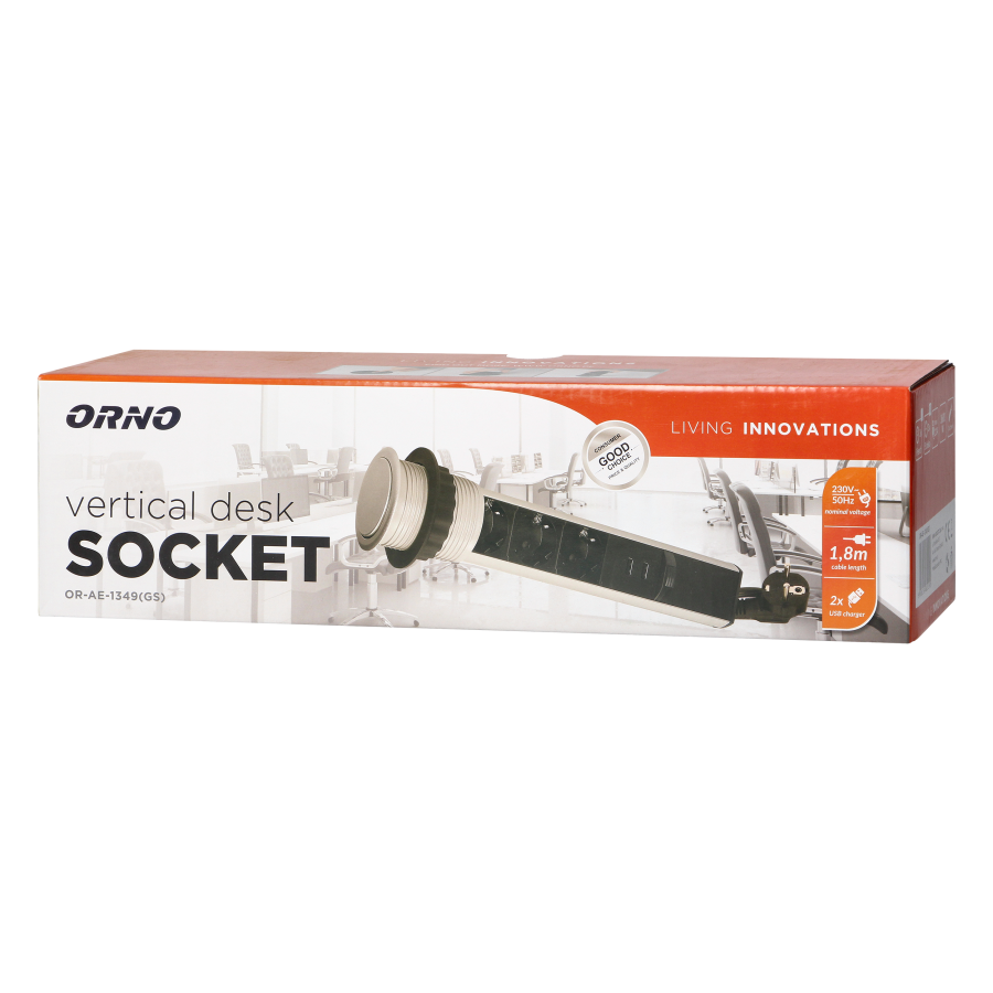 Pop up Ø6cm desk socket with USB charger, 1.8m cable and locking system, 3x2P+E (Schuko), silver