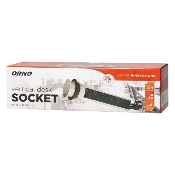 Pop up Ø6cm desk socket with USB charger, 1.8m cable and locking system, 3x2P+E (Schuko), silver