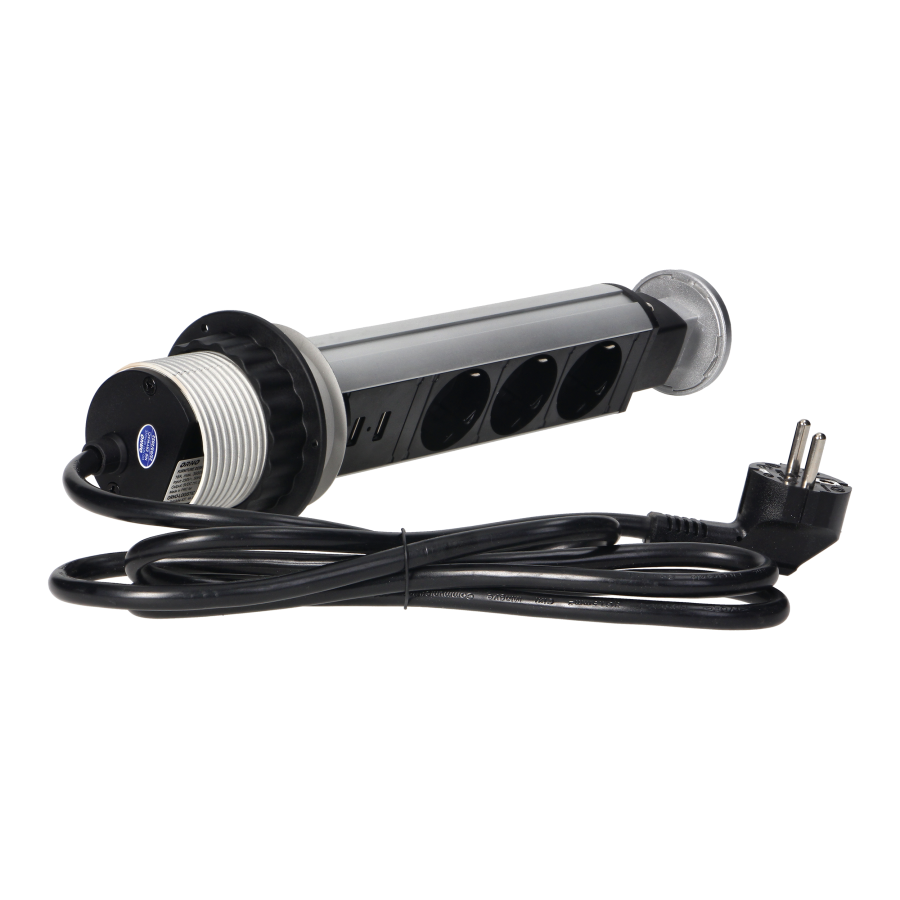 Gniazdo meblowe Ø6cm wysuwane z blatu z ładowarką USB, blokadą i przewodem 1,8m, 3x2P+Z (Schuko), srebrne