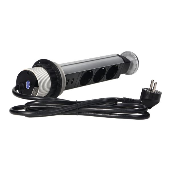 Pop up Ø6cm desk socket with USB charger, 1.8m cable and locking system, 3x2P+E (Schuko), silver