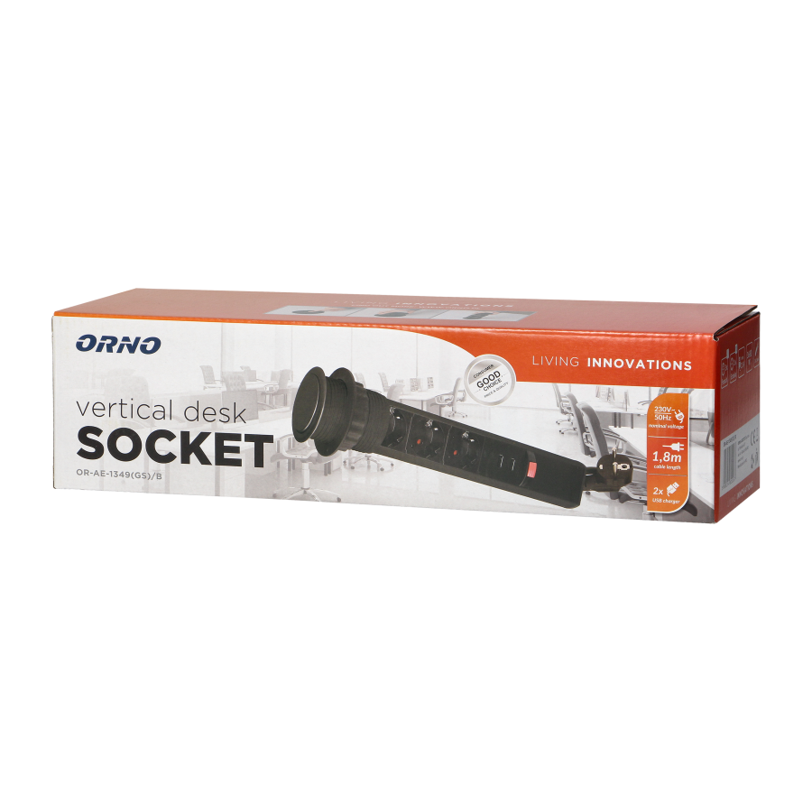 Pop up Ø6cm desk socket with USB charger, 1.8m cable and locking system, 3x2P+E (Schuko), black