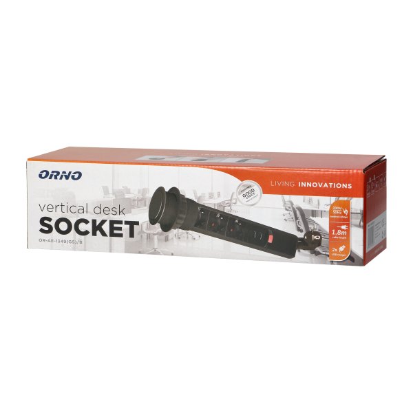 Pop up Ø6cm desk socket with USB charger, 1.8m cable and locking system, 3x2P+E (Schuko), black