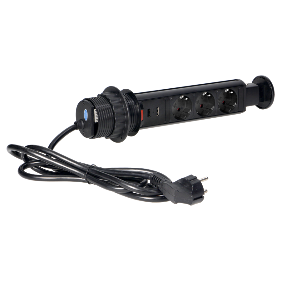 Gniazdo meblowe Ø6cm wysuwane z blatu z ładowarką USB, blokadą i przewodem 1,8m, 3x2P+Z (Schuko), czarne