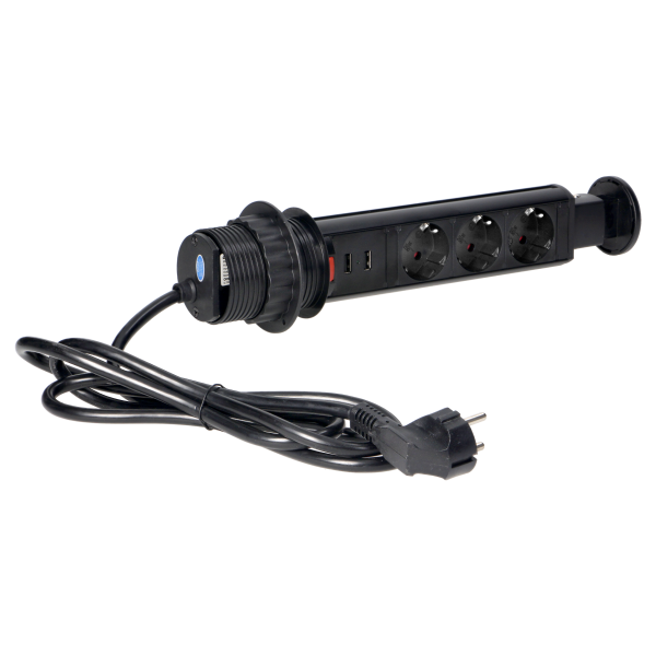Pop up Ø6cm desk socket with USB charger, 1.8m cable and locking system, 3x2P+E (Schuko), black