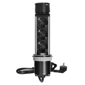 Wpuszczane gniazdo meblowe Ø6cm z ładowarką USB i przewodem 1,5m, 3x2P+Z (Schuko), 2xUSB (typ A i typ C), INOX