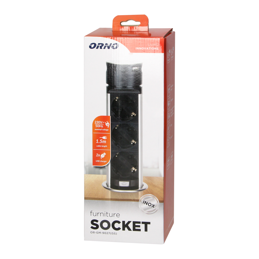 Recessed furniture socket Ø6cm with USB charger and 1.5m cable, 3x2P+E (Schuko), 2xUSB (type A and C), INOX