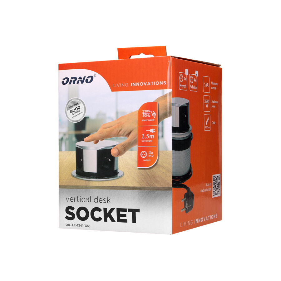 Flush-fitting furniture socket with 1.5m cable, schuko