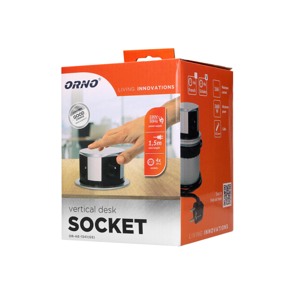 Flush-fitting furniture socket with 1.5m cable, schuko