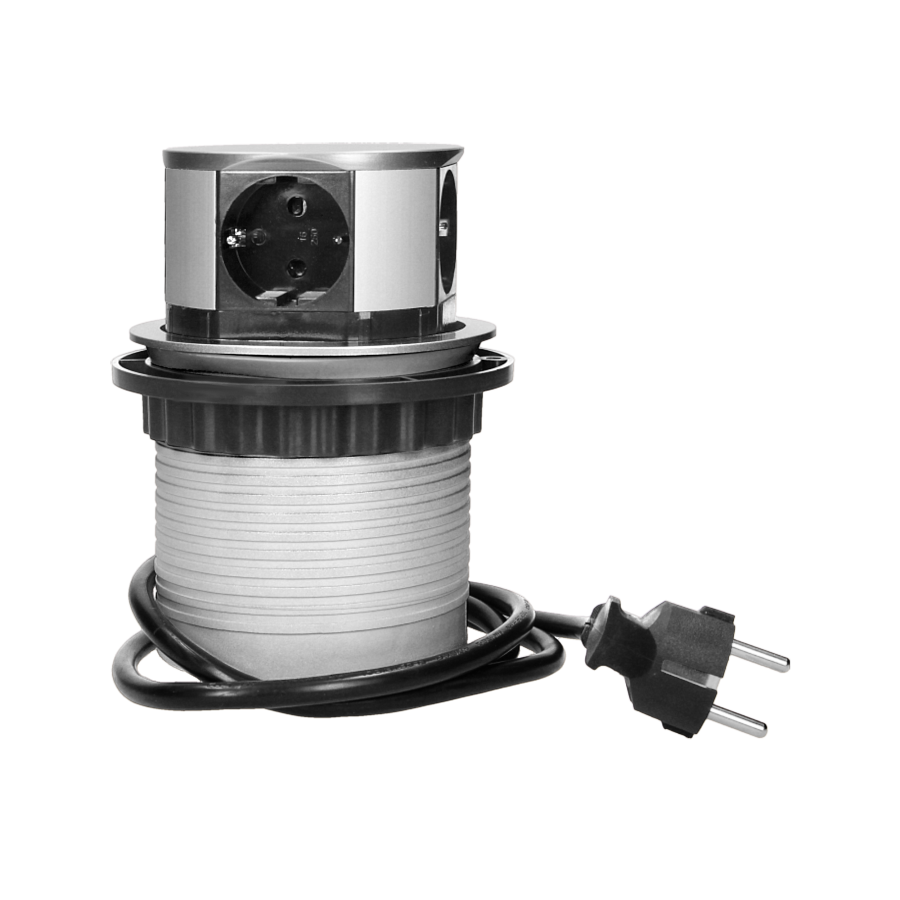 Gniazdo meblowe Ø10cm wysuwane z blatu z przewodem 1,5m, 4x2P+Z, wersja schuko