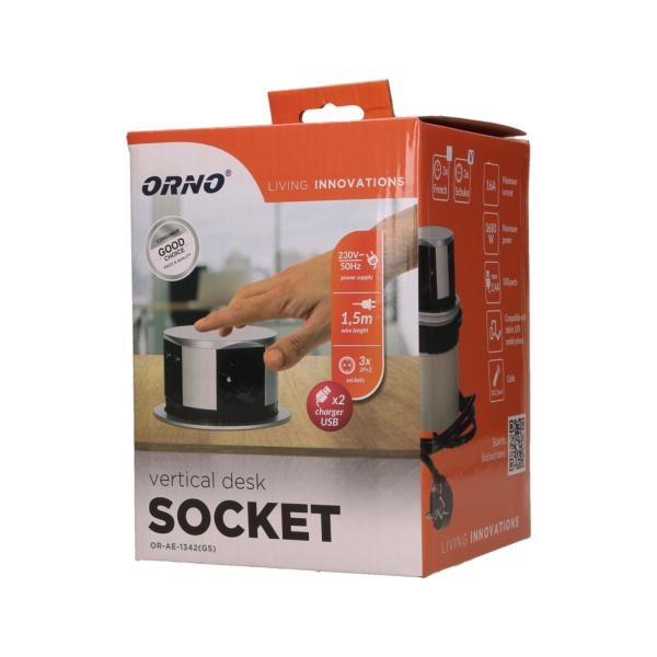 Gniazdo meblowe Ø10cm wysuwane z blatu z ładowarką USB i przewodem 1,5m, 3x2P+Z, 2xUSB, wersja schuko