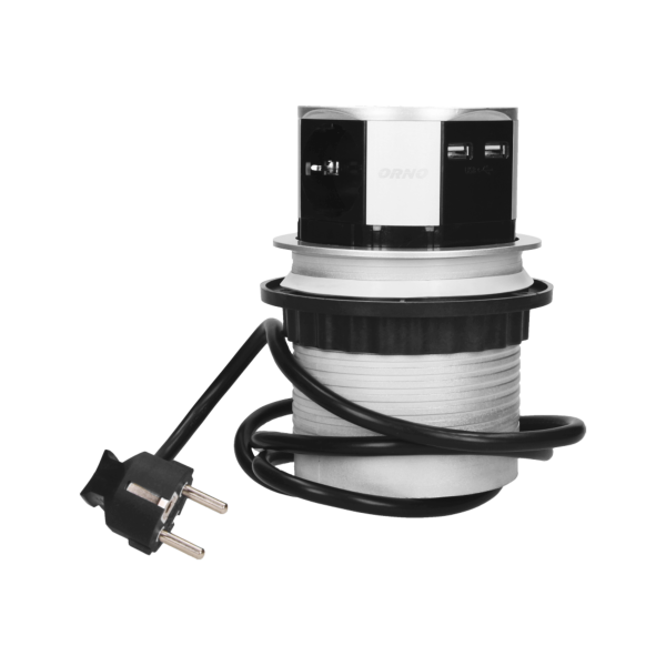 Gniazdo meblowe Ø10cm wysuwane z blatu z ładowarką USB i przewodem 1,5m, 3x2P+Z, 2xUSB, wersja schuko