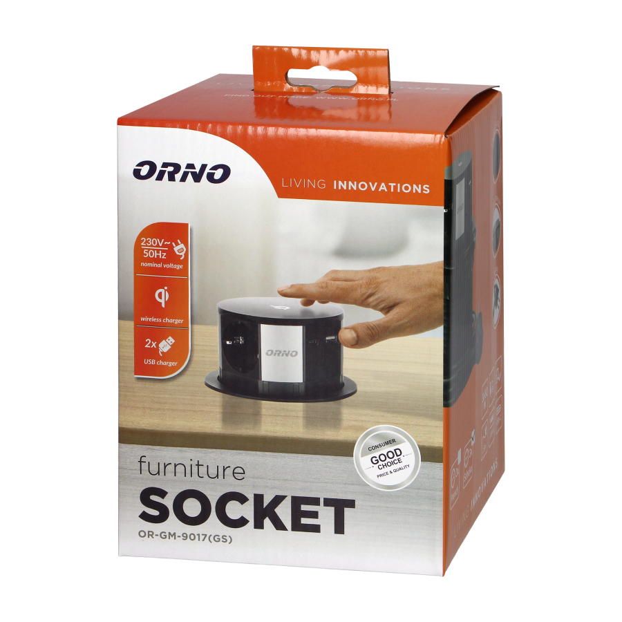 Gniazdo meblowe Ø10cm wysuwane z blatu z ładowarką indukcyjną, ładowarką USB i przewodem 1,5m, 3x2P+Z (Schuko), Qi 1.2.4 max. 10W, USB A+C QC 3.0