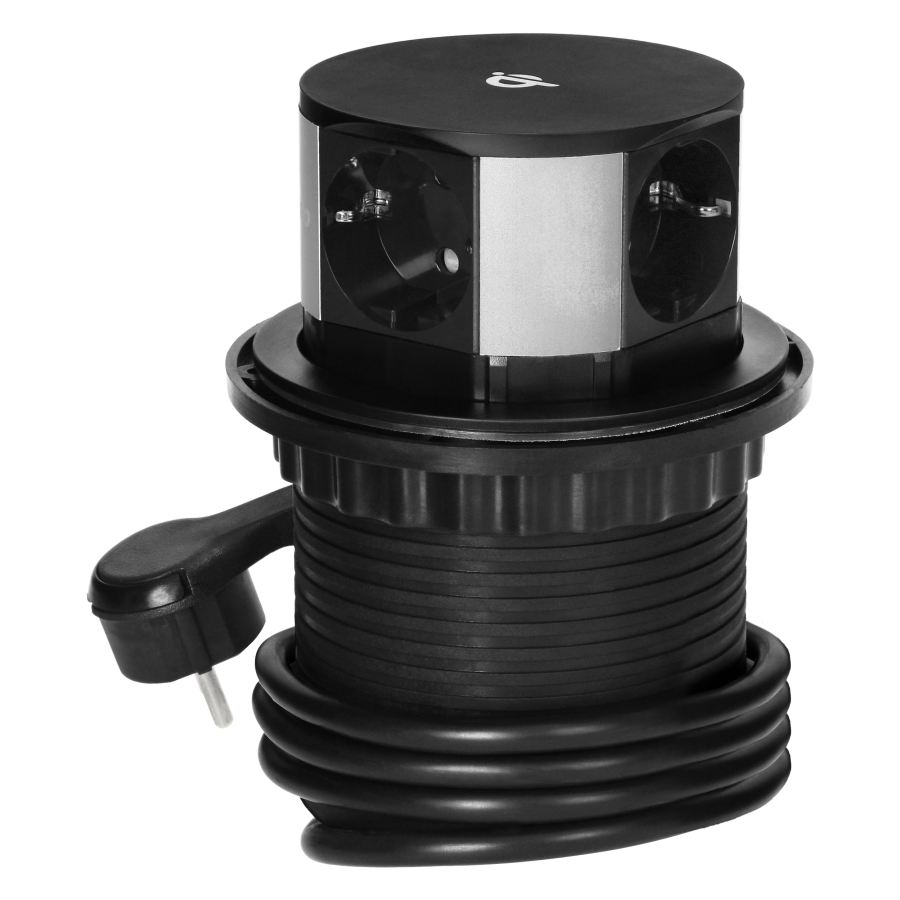 Gniazdo meblowe Ø10cm wysuwane z blatu z ładowarką indukcyjną, ładowarką USB i przewodem 1,5m, 3x2P+Z (Schuko), Qi 1.2.4 max. 10W, USB A+C QC 3.0