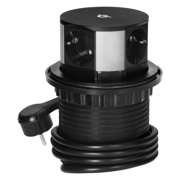 Gniazdo meblowe Ø10cm wysuwane z blatu z ładowarką indukcyjną, ładowarką USB i przewodem 1,5m, 3x2P+Z (Schuko), Qi 1.2.4 max. 10W, USB A+C QC 3.0 Gniazdo meblowe Ø10cm wysuwane z blatu z ładowarką indukcyjną, ładowarką USB i przewodem 1,5m, 3x2P+Z (Schuko), Qi 1.2.4 max. 10W, USB A+C QC 3.0
