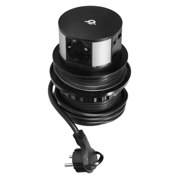 Gniazdo meblowe Ø10cm wysuwane z blatu z ładowarką indukcyjną, ładowarką USB i przewodem 1,5m, 3x2P+Z (Schuko), Qi 1.2.4 max. 10W, USB A+C QC 3.0 Gniazdo meblowe Ø10cm wysuwane z blatu z ładowarką indukcyjną, ładowarką USB i przewodem 1,5m, 3x2P+Z (Schuko), Qi 1.2.4 max. 10W, USB A+C QC 3.0