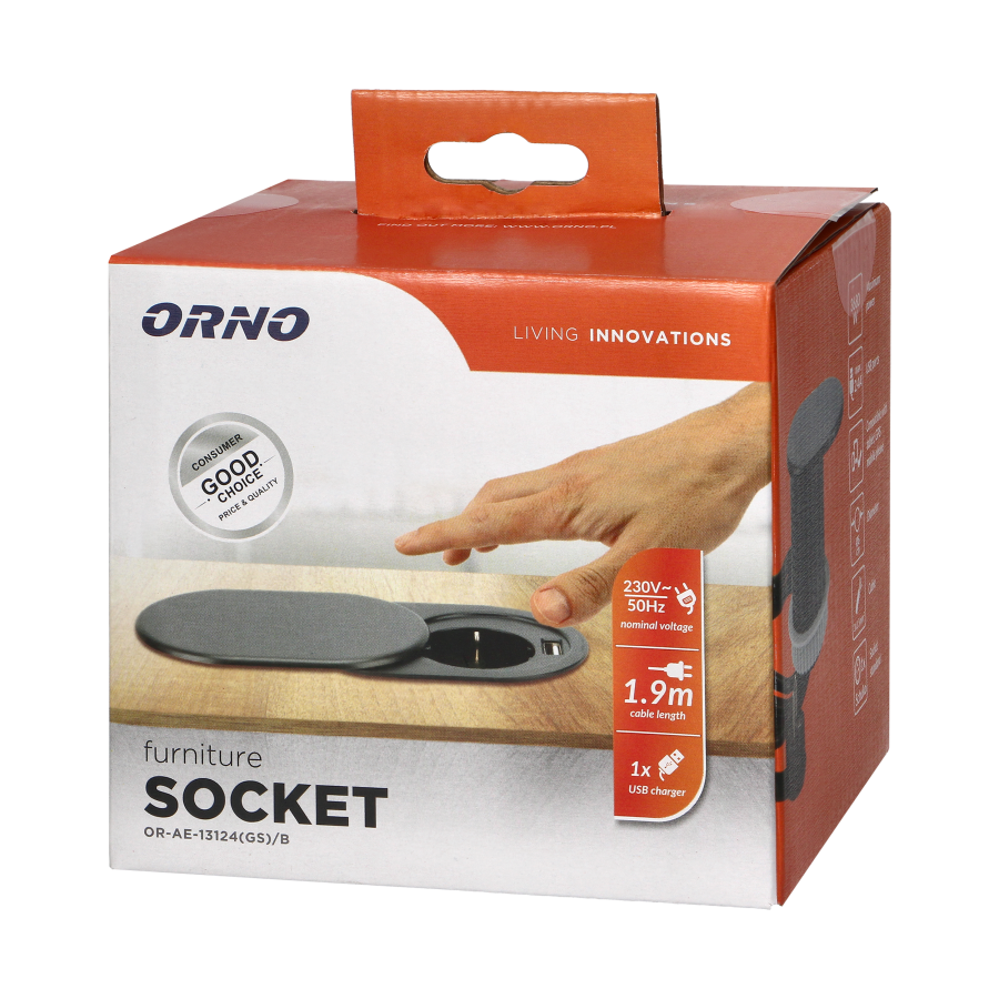 Gniazdo meblowe Ø6cm, czarne, wpuszczane w blat z przesuwną pokrywką, ładowarką USB i przewodem 1,9m, 1x2P+Z, 1xUSB (2,4A), 3x1,5mm², wersja Schuko