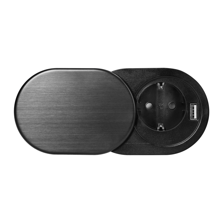 Gniazdo meblowe Ø6cm, czarne, wpuszczane w blat z przesuwną pokrywką, ładowarką USB i przewodem 1,9m, 1x2P+Z, 1xUSB (2,4A), 3x1,5mm², wersja Schuko