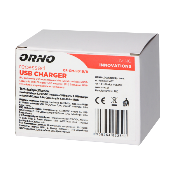 Ładowarka 2XUSB 3,4A, wpuszczana w blat, czarna