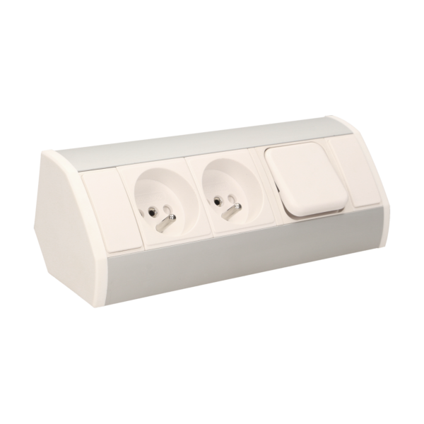 Gniazdo meblowe 2x2P+Z z wyłącznikiem, biało-srebrne