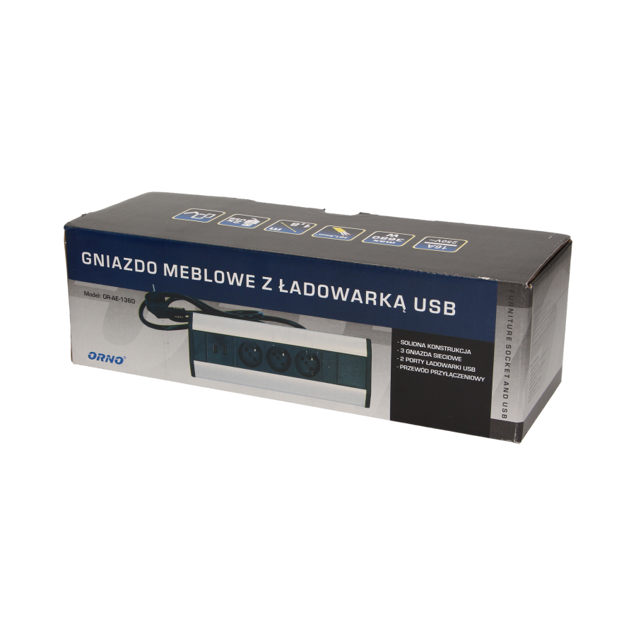 Gniazdo meblowe z ładowarką USB i przewodem 1,8m, 3x2P+Z, 2xUSB