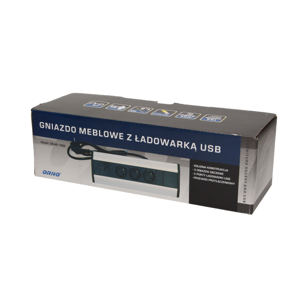 Gniazdo meblowe z ładowarką USB i przewodem 1,8m, 3x2P+Z, 2xUSB