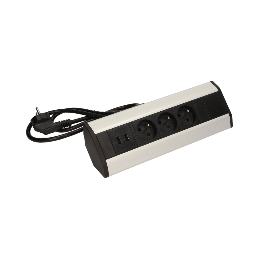 Gniazdo meblowe z ładowarką USB i przewodem 1,8m, 3x2P+Z, 2xUSB