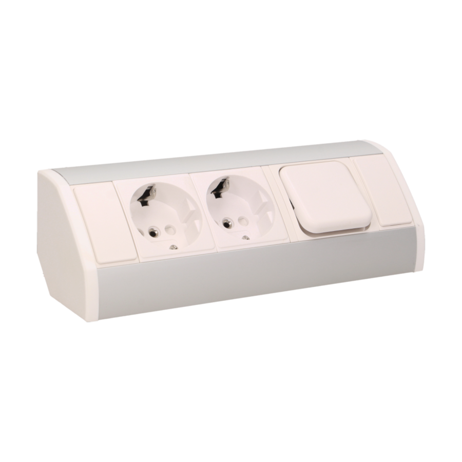 Gniazdo meblowe 2x2P+Z z wyłącznikiem, schuko, biało-srebrne