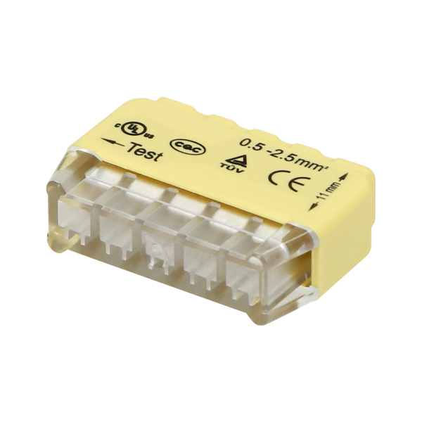 Złączka instalacyjna wciskana 5-przewodowa; na drut 0,75-2,5mm²; IEC 300V/24A 50 szt. Złączka instalacyjna wciskana 5-przewodowa; na drut 0,75-2,5mm²; IEC 300V/24A 50 szt.