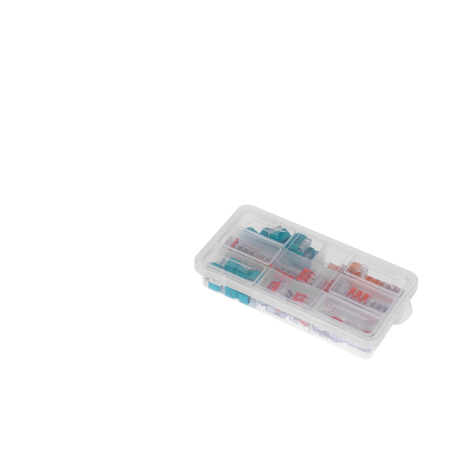 Zestaw złączek instalacyjnych APARTMENT, 65 sztuk. Wciskane: 15x 2-przew. 15x 3-przew. 10x 4-przew. Zaciskowe: 10x 2-przew. 15x 3-przew.