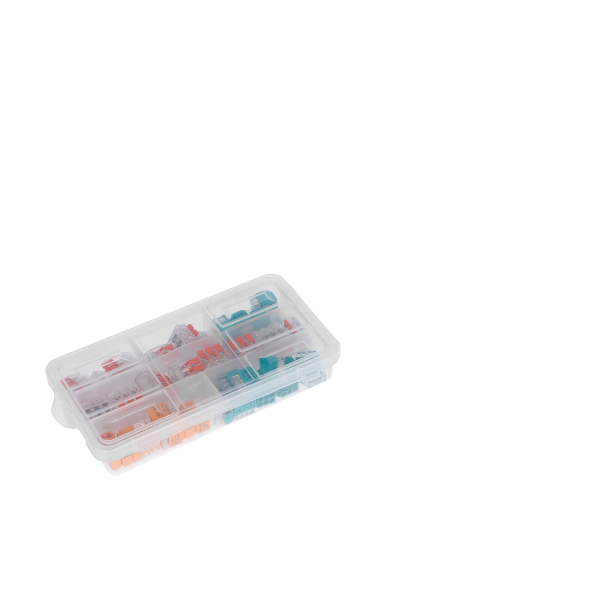 Zestaw złączek instalacyjnych APARTMENT, 65 sztuk. Wciskane: 15x 2-przew. 15x 3-przew. 10x 4-przew. Zaciskowe: 10x 2-przew. 15x 3-przew.