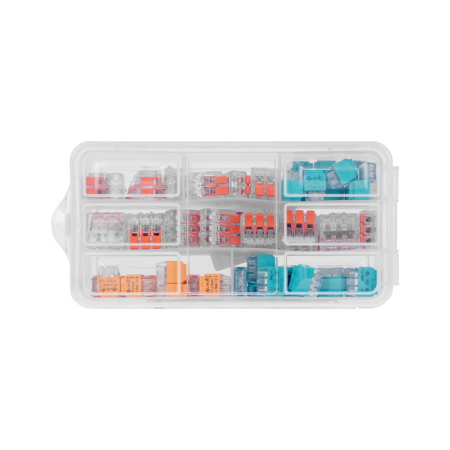 Zestaw złączek instalacyjnych APARTMENT, 65 sztuk. Wciskane: 15x 2-przew. 15x 3-przew. 10x 4-przew. Zaciskowe: 10x 2-przew. 15x 3-przew.