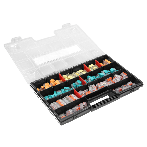 Zestaw złączek instalacyjnych HOUSE PREMIUM, 151 sztuk. Wciskane: 25x 2-przew. 25x 3-przew. 20x 4-przew. 15x 5-przew. 10x 6-przew. 8x 8-przew. Zaciskowe: 20x 2-przew. 20x 3-przew. 8x 5-przew.