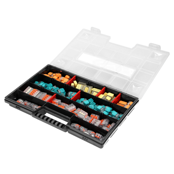 Zestaw złączek instalacyjnych HOUSE PREMIUM, 151 sztuk. Wciskane: 25x 2-przew. 25x 3-przew. 20x 4-przew. 15x 5-przew. 10x 6-przew. 8x 8-przew. Zaciskowe: 20x 2-przew. 20x 3-przew. 8x 5-przew.