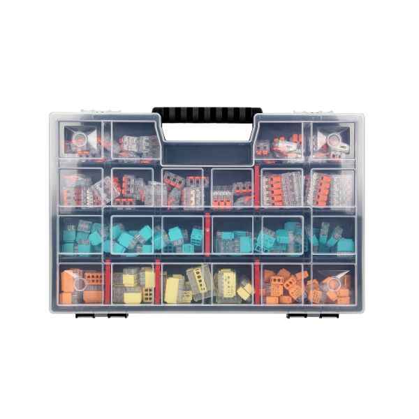 Zestaw złączek instalacyjnych HOUSE PREMIUM, 151 sztuk. Wciskane: 25x 2-przew. 25x 3-przew. 20x 4-przew. 15x 5-przew. 10x 6-przew. 8x 8-przew. Zaciskowe: 20x 2-przew. 20x 3-przew. 8x 5-przew.