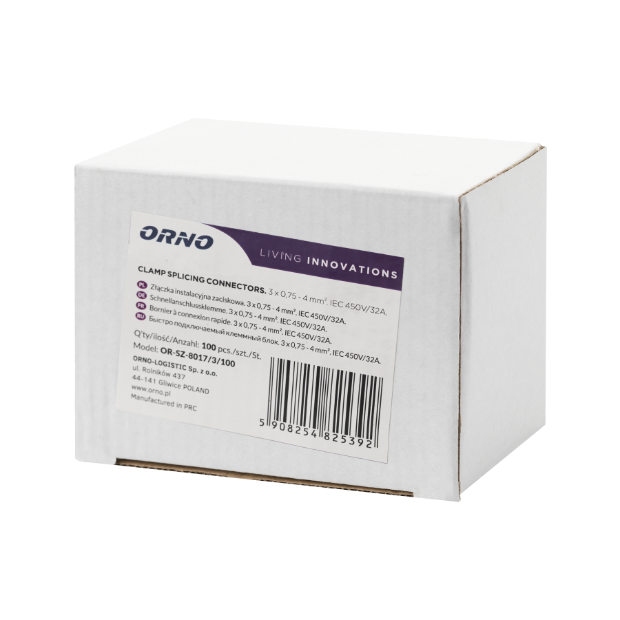 3-wire clamp splicing connector; for wire 0.75-4mm²; IEC 450V/32A, 100 pcs.