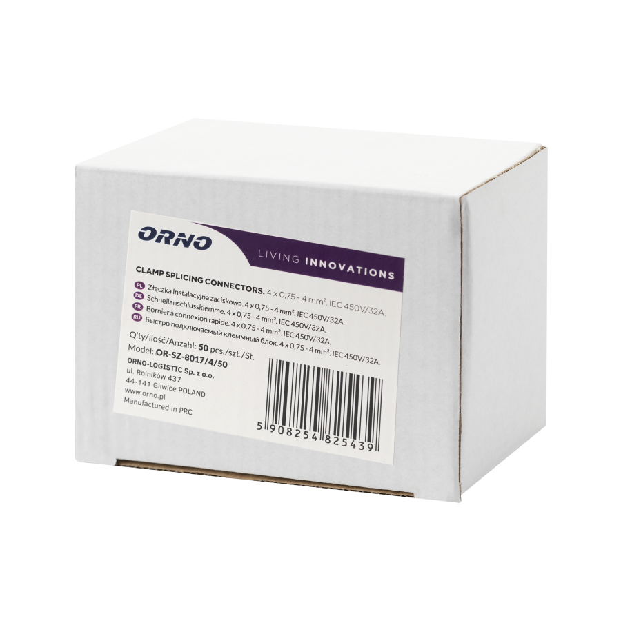 4-wire clamp splicing connector; for wire 0.75-4mm²; IEC 450V/32A, 50 pcs.