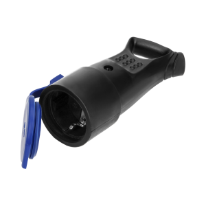 Weatherproof, rubber plug-in socket (2P+E) with holder, IP44, black, Schuko