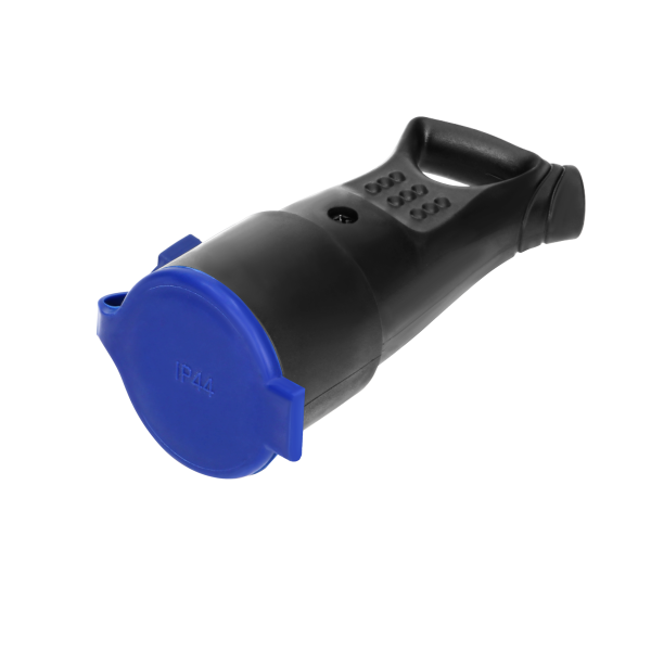 Weatherproof, rubber plug-in socket (2P+E) with holder, IP44, black, Schuko