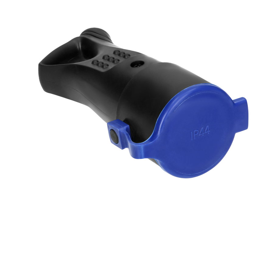 Weatherproof, rubber plug-in socket (2P+E) with holder, IP44, black, Schuko