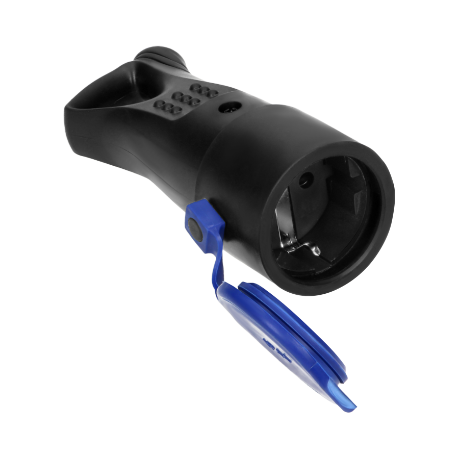 Weatherproof, rubber plug-in socket (2P+E) with holder, IP44, black, Schuko