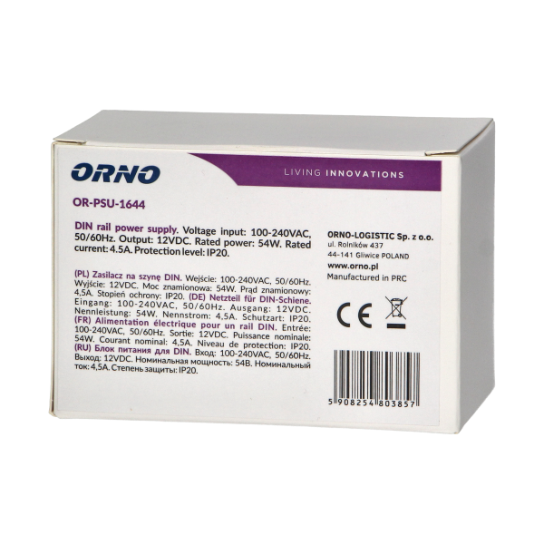 DIN rail power adaptor 12V DC 4.5A, 54W, width: 3 units