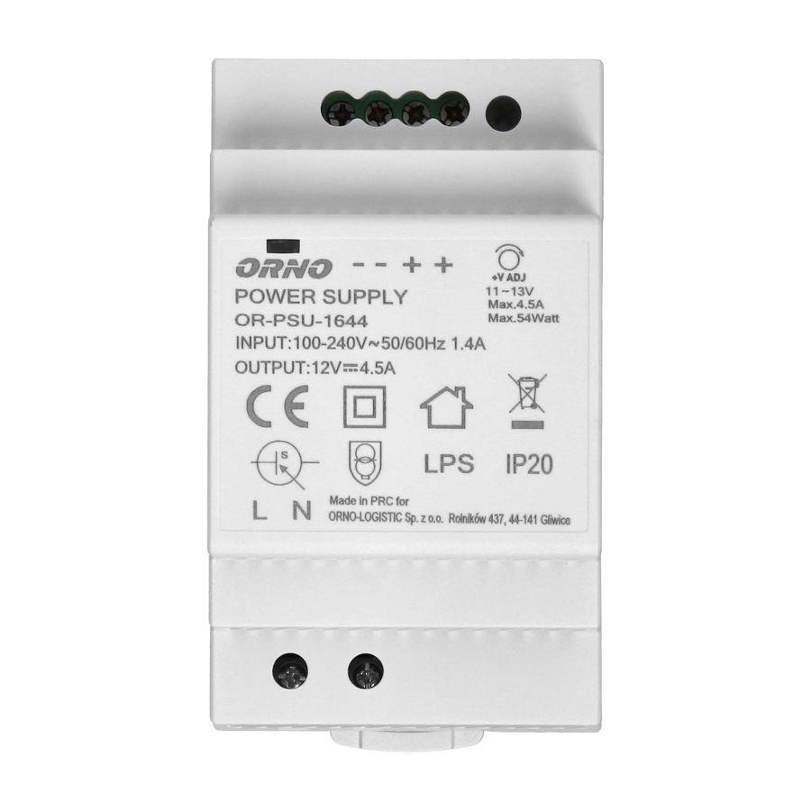 DIN rail power adaptor 12V DC 4.5A, 54W, width: 3 units