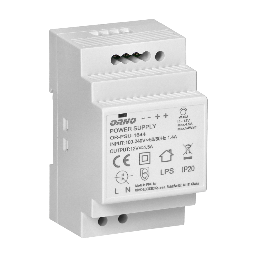 DIN rail power adaptor 12V DC 4.5A, 54W, width: 3 units