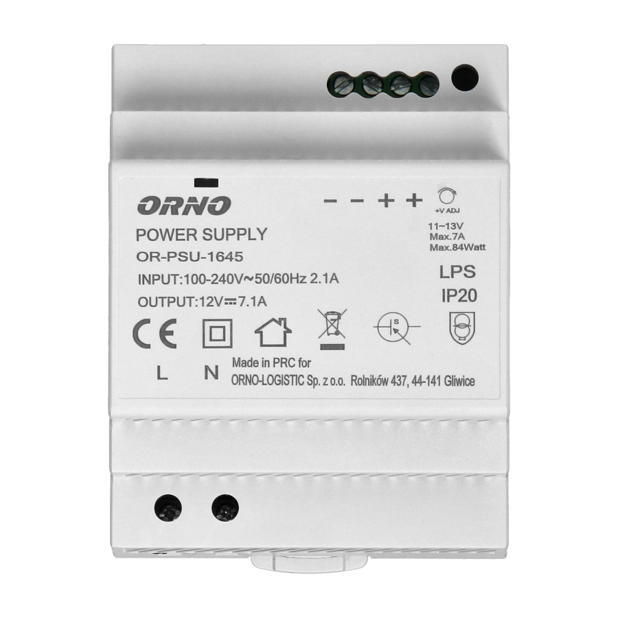 DIN rail power adaptor 12V DC 7A, 84W, width: 4 units